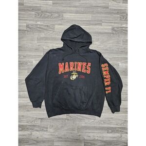 Vintage Marine Simper Fi Black Hoodie Size X-Large Sleeve Spellout MV Sport